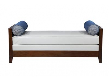 Banco para pie de cama de tela con marco de madera de nogal
