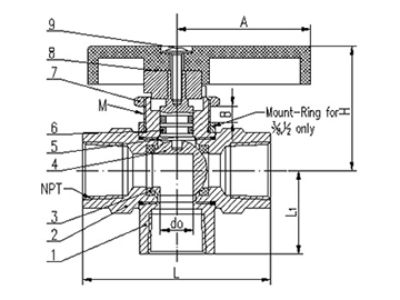 Válvula de bola de latón de 3 vías para montaje en panel