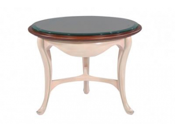 Mesa de té redonda de madera con encimera de vidrio