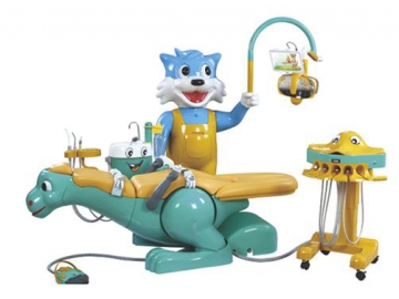 Sillón dental para niños A8000-IB   (unidad dental para niños con sillón en forma de dinosaurio y caja lateral con forma de gato sonriente)