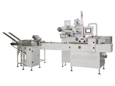 Envasadora horizontal flow pack SF-G sin bandeja con sistema multiservo para galletas en posición vertical
