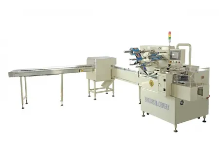 Envasadora horizontal flow pack SF-G sin bandeja con sistema multiservo para galletas en posición vertical